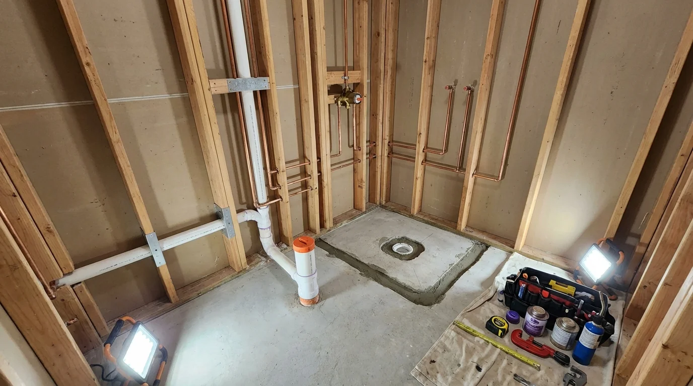 Bathroom rough-in plumbing during remodel by Johns Plumbing LLC in Boalsburg
