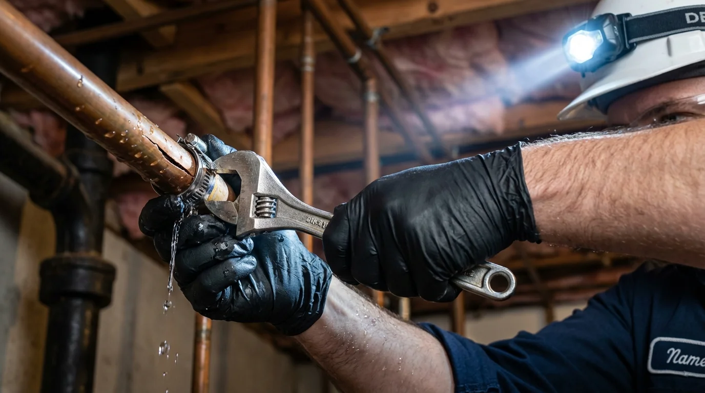 Emergency pipe clamp repair being performed by a Johns Plumbing LLC plumber in Boalsburg
