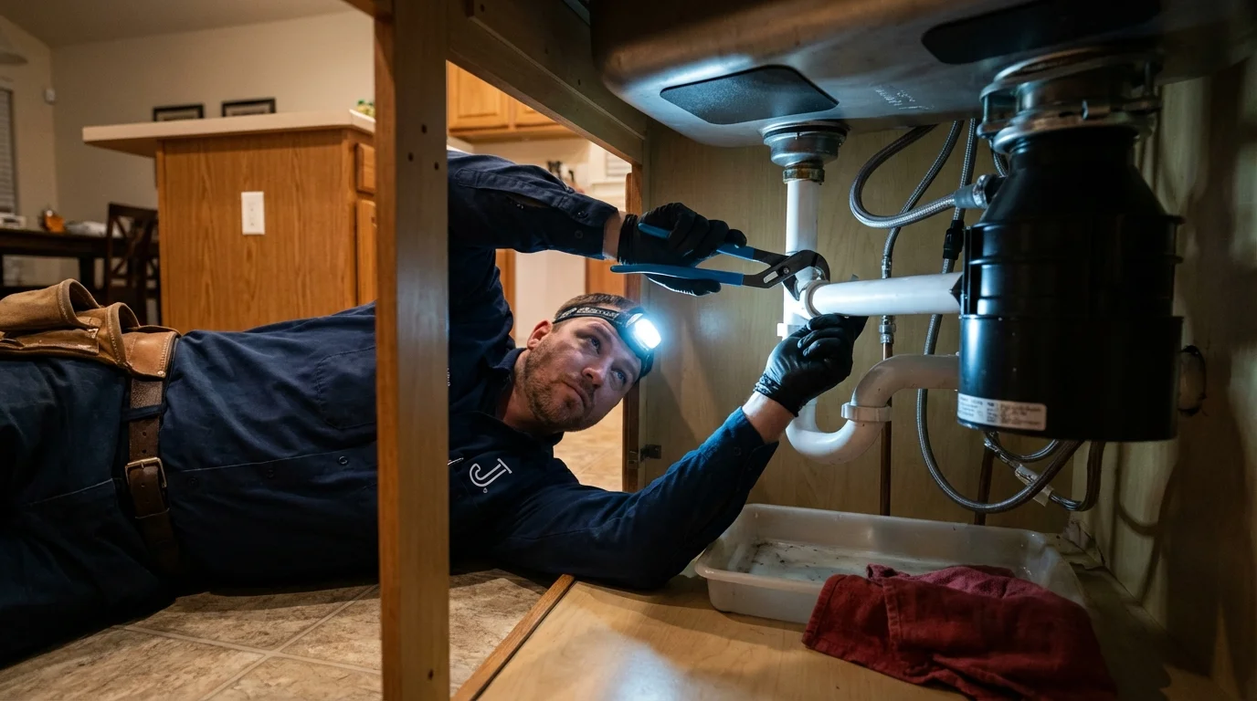 P-trap and supply line connections under a kitchen sink showing a common leak point in Boalsburg, PA
